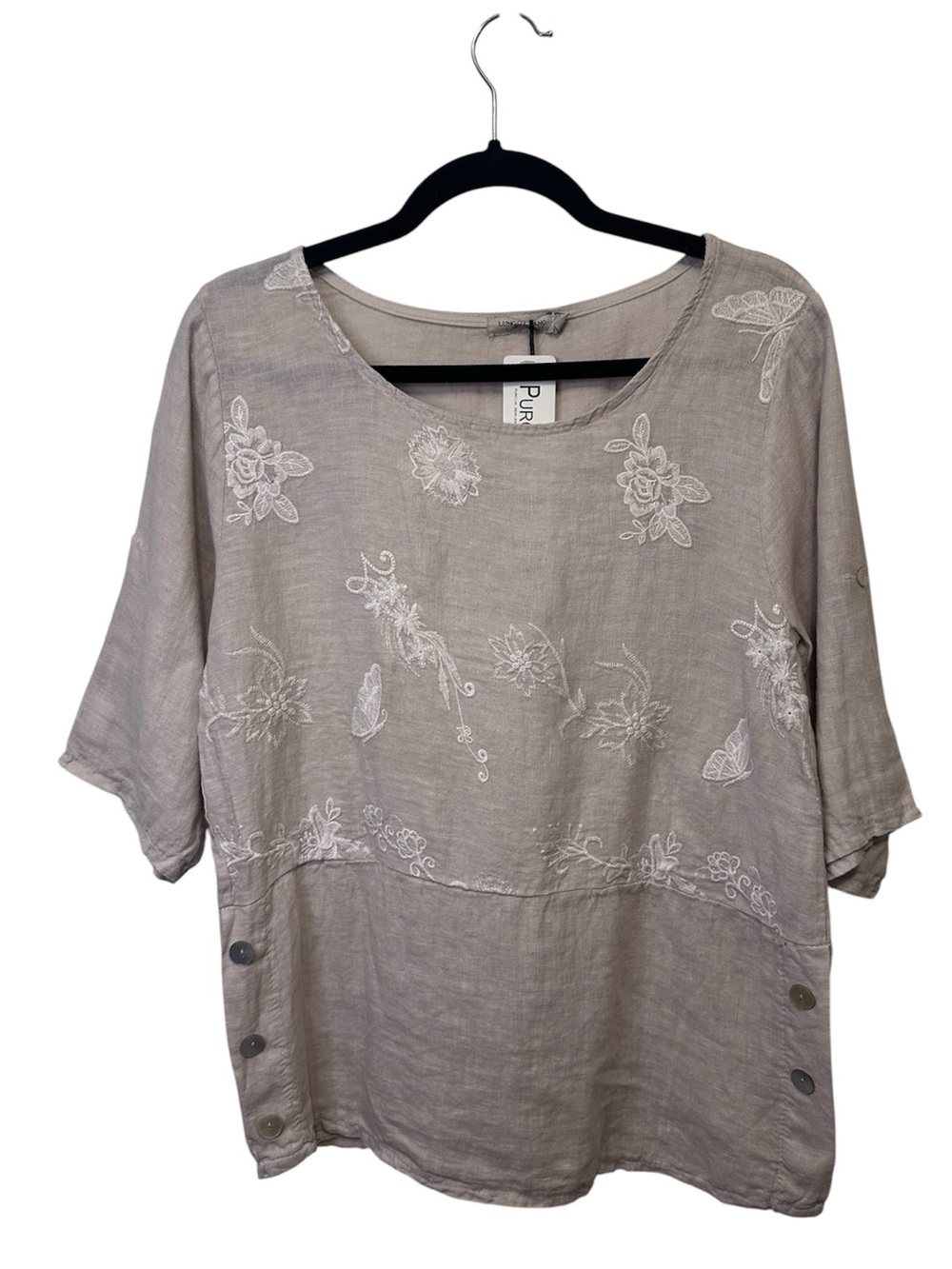 NWT Lungo L'Arno Women's M 100% Linen Embroidered Blouse Top Made in Italy Tan